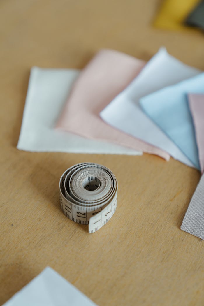 Close-up of vibrant fabrics and a rolled measuring tape on a wooden table in a workshop setting.